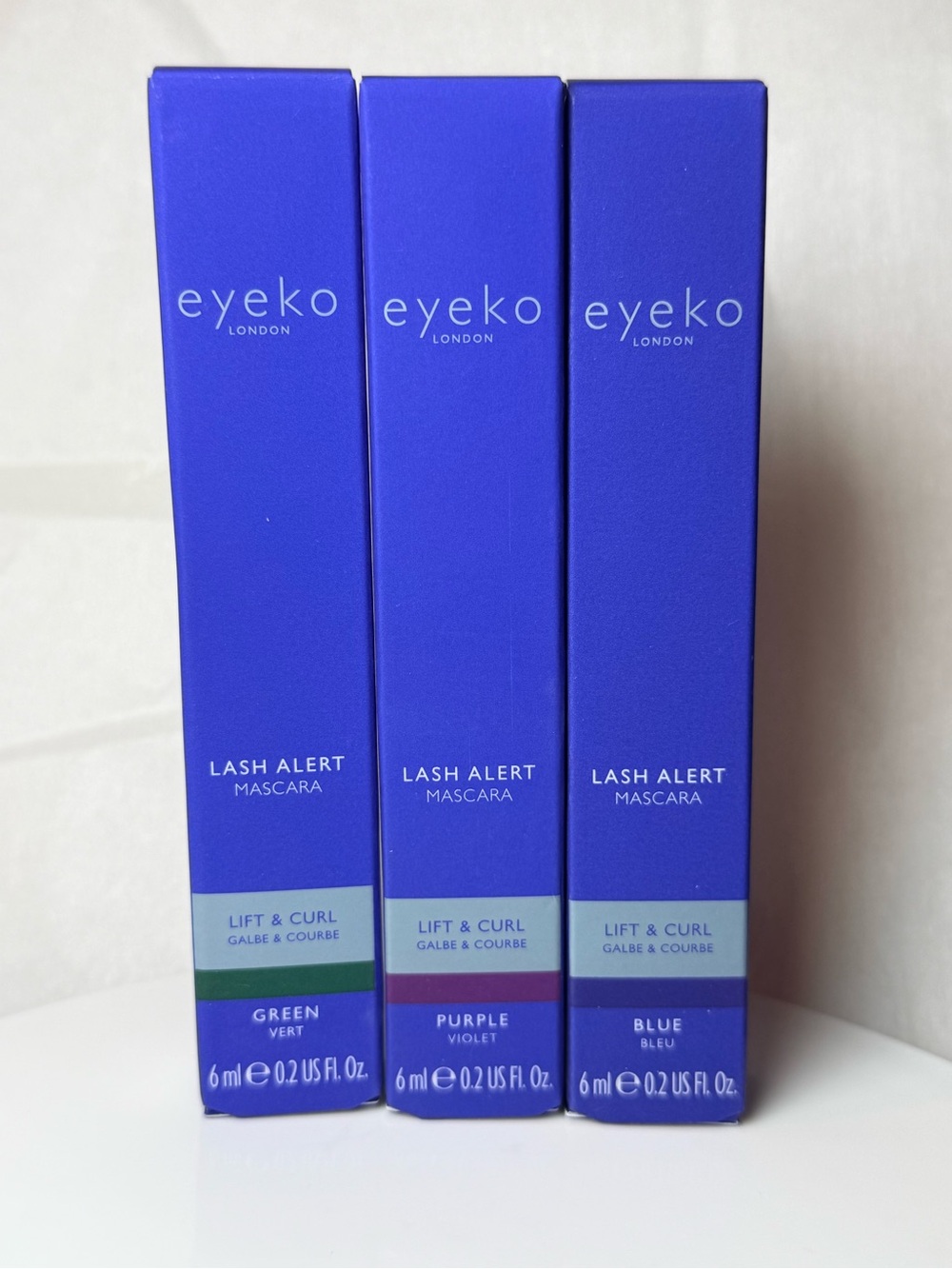 Eyeko lift and curl mascara lot if 3 colors green, purple & blue retail $24 each
